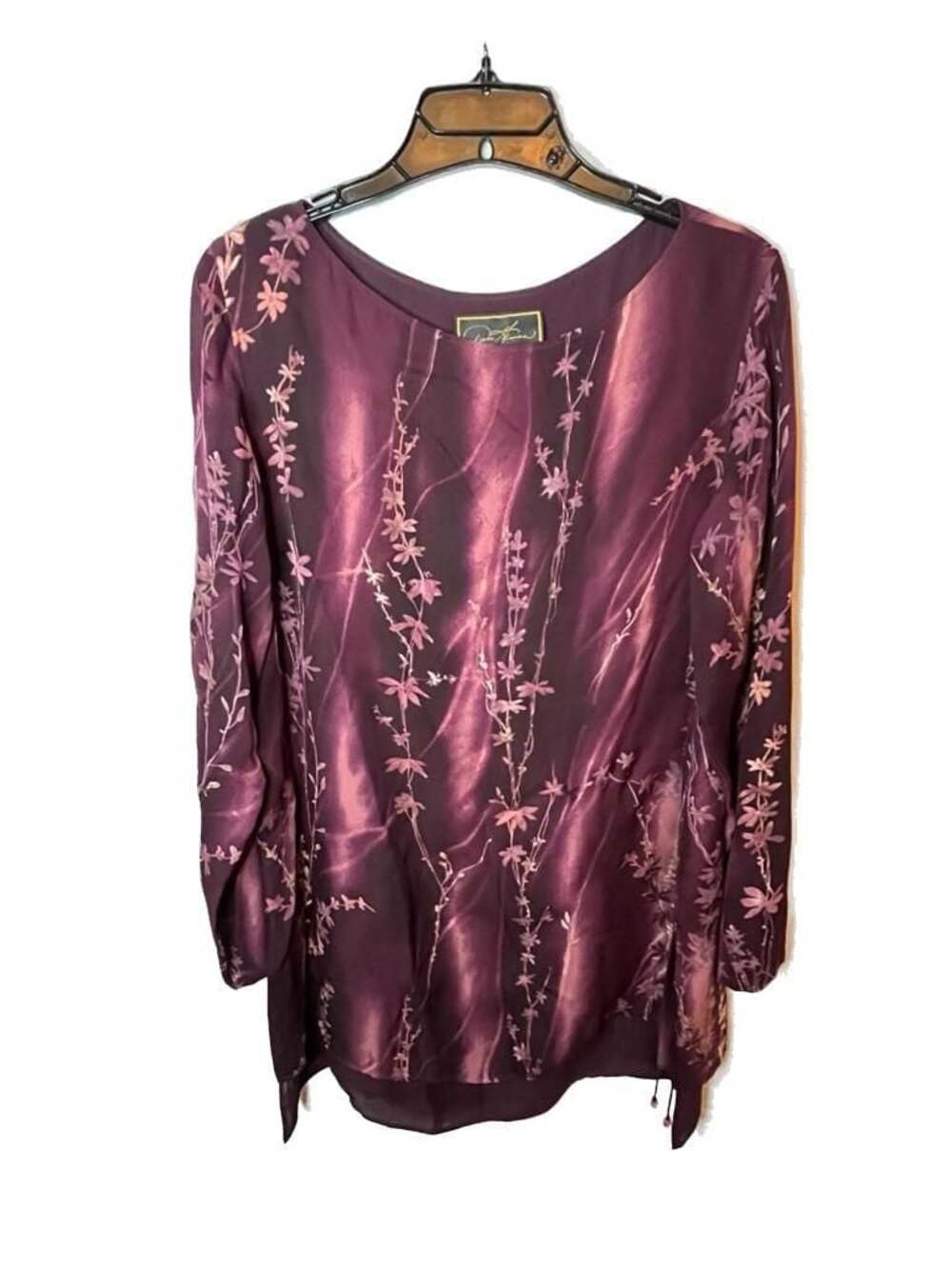 Diane Gilman Collection 100% Silk Floral asymmetric burgundy Tunic top blouse
